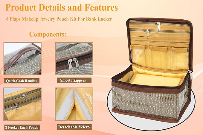 atorakushon Nylon MakeUp Organizer Case Travel Jewelry Bag Transparent Ring Earring Storage Box for Bracelet Pendant Holder with 7 Clear Zippered Pouch Brown