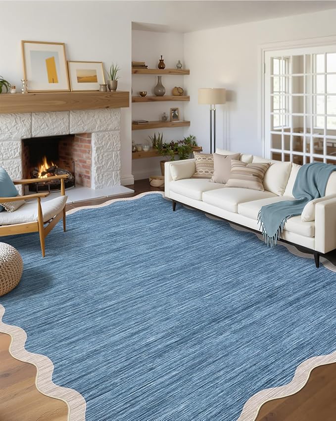 GarveeHome Scalloped Washable Area Rugs 9 x 12 Rug for Living Room Modern Non Slip Throw Rugs Blue Rug Large Bedroom Rugs Low Pile Stain Resistant Carpet for Dining Room Nursery 9 ft x12 ft Blue