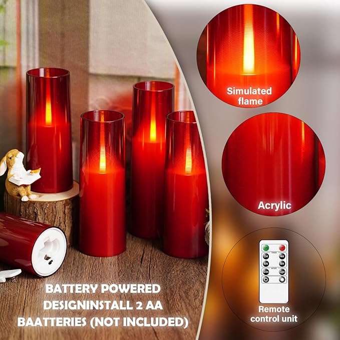 kakoya Flameless LED Candles Upgraded Realistic Flickering Flame,7Pcs Battery Operated Candles with Remote Timers,LED Pillar Candles for Home Decor,Christmas,and Parties(Red)
