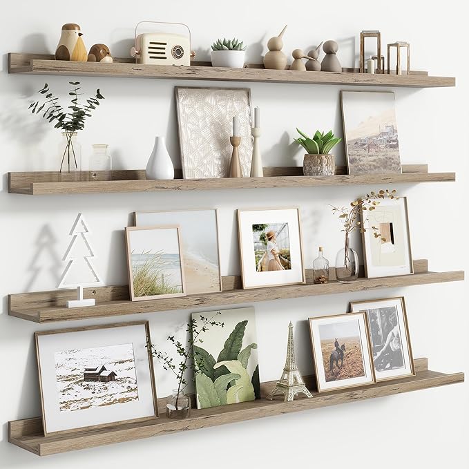 FLYJOE Floating Picture Ledge Shelves for Wall Set of 4, 48 Inch Wall Shelves with Lip Long Large Nursery Book Shelf for Toys Storage Kids Bookshelf Wall Mounted Living Room Bedroom Decor Frames