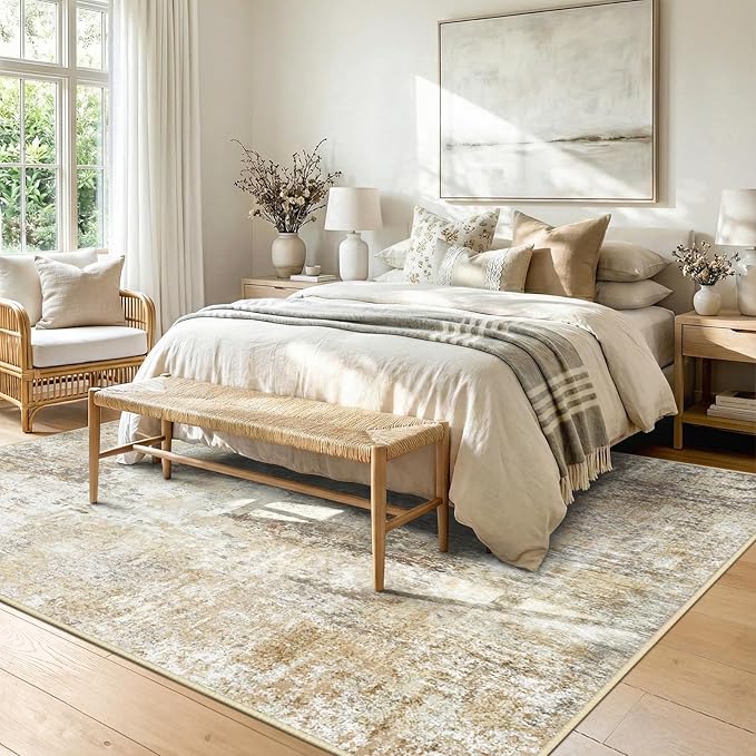 RELEANY Washable Area Rugs 9'x12' Non-Slip Modern Abstract Soft for Living Room Entryway Bedroom Nursery, Print Pattern, Neutral Brown Gray