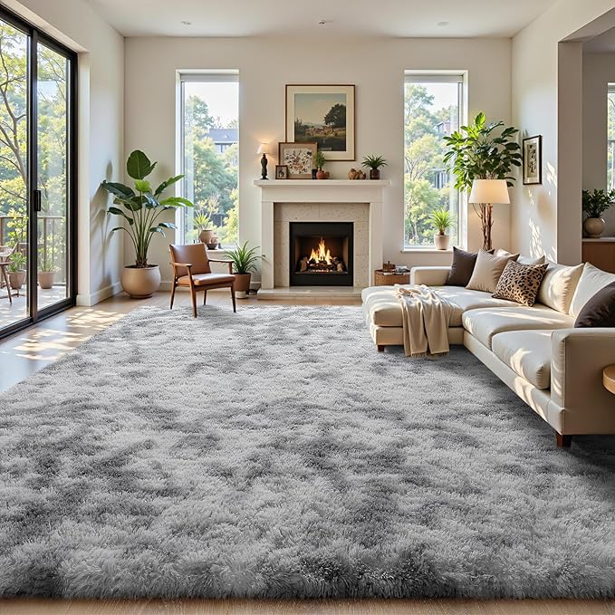 Modern Soft Fluffy Small Shaggy Rug for Bedroom Livingroom Dorm Kids Room Indoor Home Decorative, Non-Slip Plush Furry Fur Area Rugs Comfy Nursery Accent Floor Carpet 9X11 Feet, Tie-Dyed Light Grey