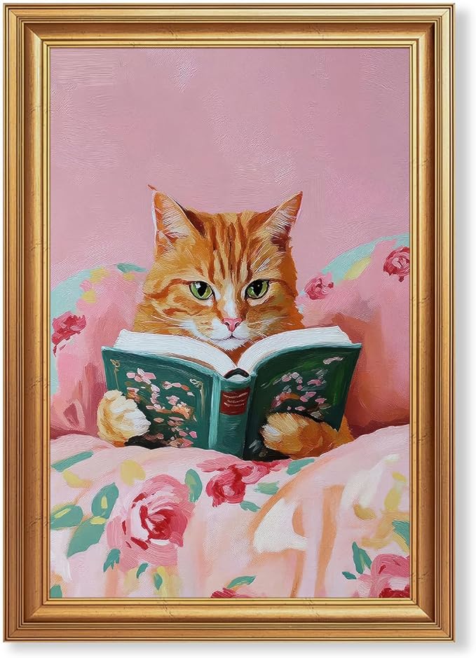 Fantasy Artists Gold Framed Wall Art Prints, Cute Orange Cat Reading a Green Book on Pink Floral Fabric, Easy to Hang Fade Resistant Print, Wall Decor for Bedroom, Living Room, Home Office 16x24 Inch