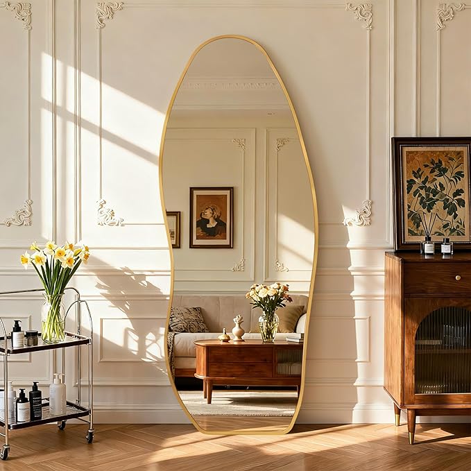 Dorlicecass Mirror Full Length - Irregular Full Body Mirror Standing or Leaning or Wall Hanging 63"x 24" Asymmetrical Aviation Aluminum Alloy Frame Unique for Bedroom, Living Room, Cloakroom, Entryway