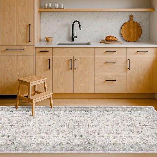 Hazo Haus Light Gray Washable 2'6"x8' Wide Runner Rugs for Kitchen, Bathroom, Hallway, Non-Slip & Stain Resistant Long Floor Rug, Neutral Boho Floral Décor
