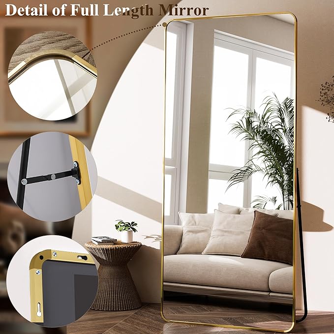 BEAUTYPEAK Gold Full Length Mirror, 76"x34" Rounded Corner Floor Mirror Standing Hanging or Leaning Against Wall, Suitable for Bedroom or Dressing Room
