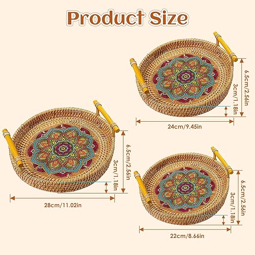 28cm/11.02in Oval Rattan Woven Tray Basket with Handles, Hand Woven Round Rattan Serving Decorative Wicker Trays for Table Decor (L)