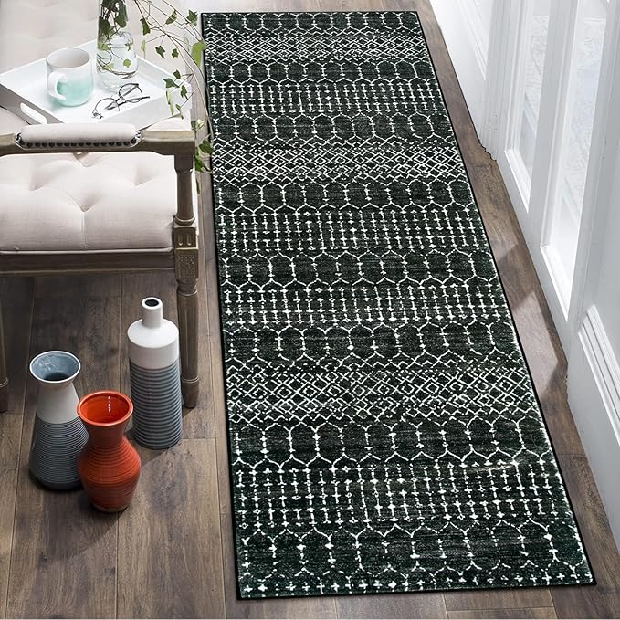 Lahome Moroccan 2x6 Black Runner Rug Non-Slip, Kitchen Rug Runner Washable Non-Skid Hallway, Geometric Print Distressed Carpet for Entryway Laundry Hana