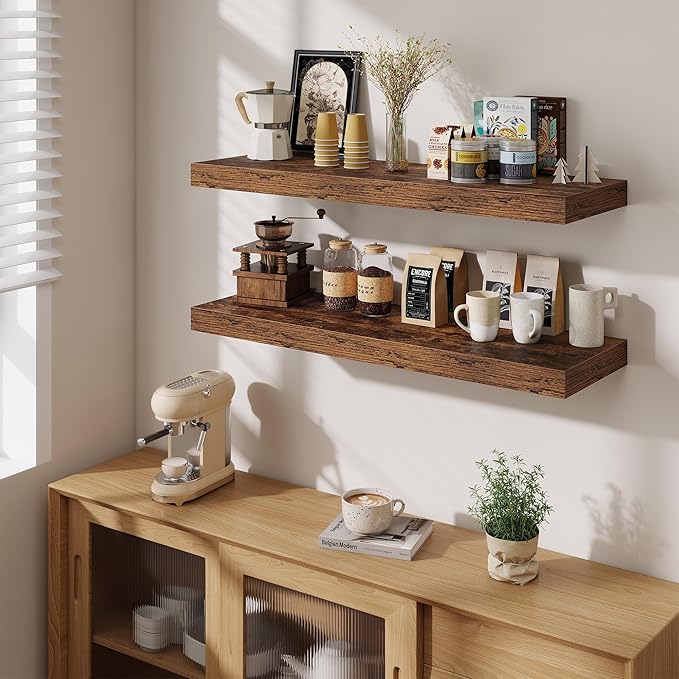 Floating Shelves for Wall, 40 Inch Floating Shelf for Home Decor, Wall Mounted Rustic Wood Shelves 12 Inch Deep, Hanging Deep Shelf for Bedroom, Living Room, Kitchen, Rustic Brown, Set of 2
