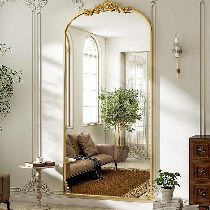 GLSLAND 77"x 38" Vintage Full Length Mirror - Large Carved Floor Mirror with Metal Frame Baroque Arched Full Body Mirrors for Bathroom/Living Room/Entryway,Gold