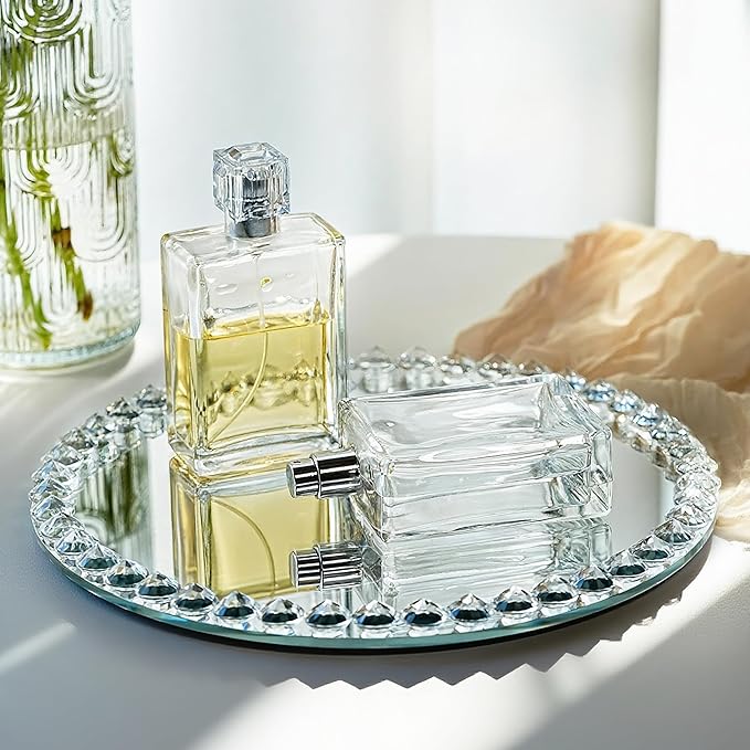 kanpura Crystal Perfume Tray Mirror Glass Makeup Vanity Organizer Jewelry Trinket Display Mirrored Decorative Tray for Bathroom Bedroom, Home Decor, Hotel Banquet, Party(Round 10 inch) (Silver)