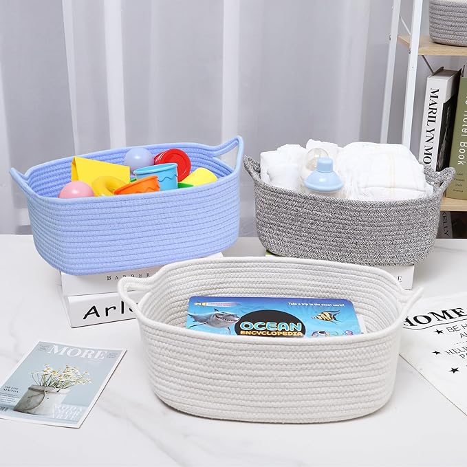 ABenkle Small Storage Basket with Handles, Cotton Rope Woven Dog Cat Toy Bin, Decorative Shelves Closet Organizing for Nursery Laundry Bedroom Bathroom, 14.2''x 11''x 5.1''