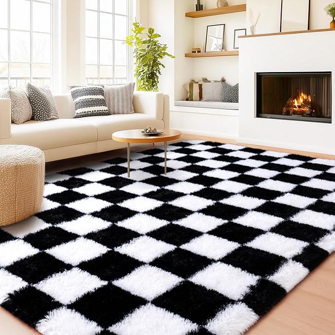 Checkered Rugs for Living Room Bedroom, 5x7 Area Rugs for Living Room, Modern Shaggy Carpets Fuzzy Rug for Boys Girls Dorm Nursery Home Decor Aesthetic, Upgrade Non-Slip Durable, Black and White