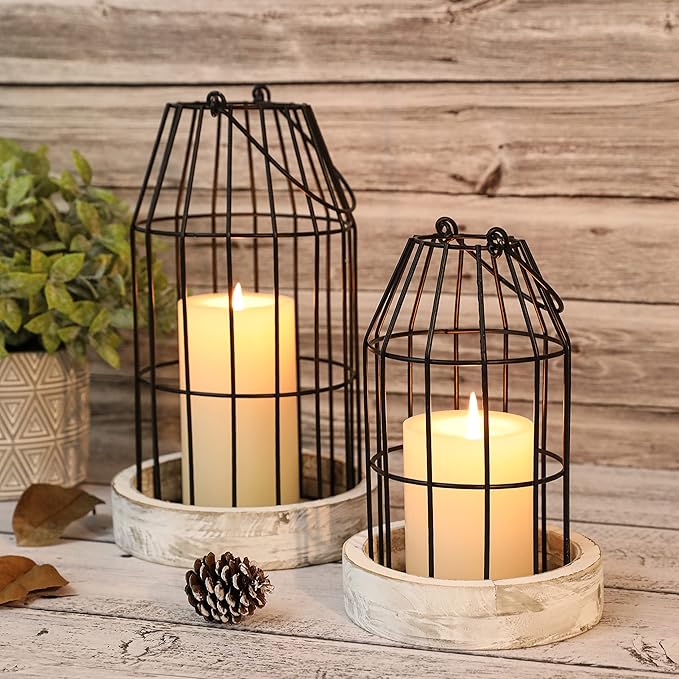 Rustic Wire Metal Cloche Set of 2 Candle Lantern Decorative Indoor Outdoor Vintage Cage Candle Holders Modern Farmhouse Decor for Fireplace Mantle Entryway Living Room Kitchen Dining Table Centerpiece