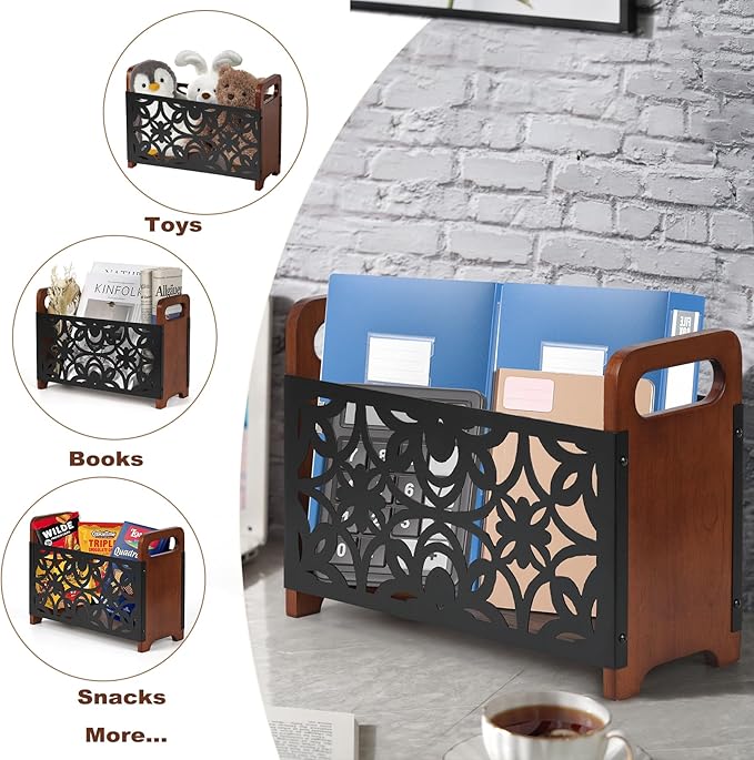 QILICHZ Magazine Holder,Wood Magazine Rack Floor,Rustic Magazine File Holder Organizer,Decorative Magazines Storage Basket for Books,Newspapers,Mails,Files