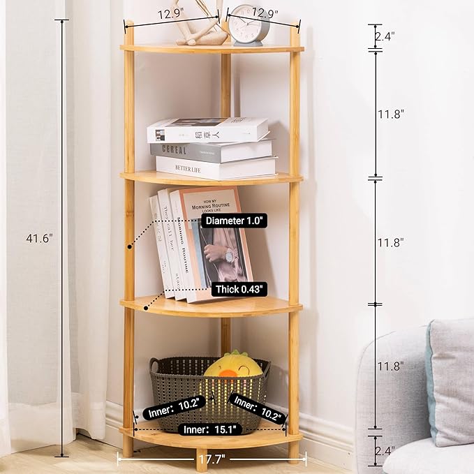 4-Tier Expandable Bamboo Corner Shelf Stand,Corner Bookshelf, Display Storage Shelves with Open Shelves, for Organization and Storage, Living Room, Home Office, Garage (1, Natural, 4-Tier)