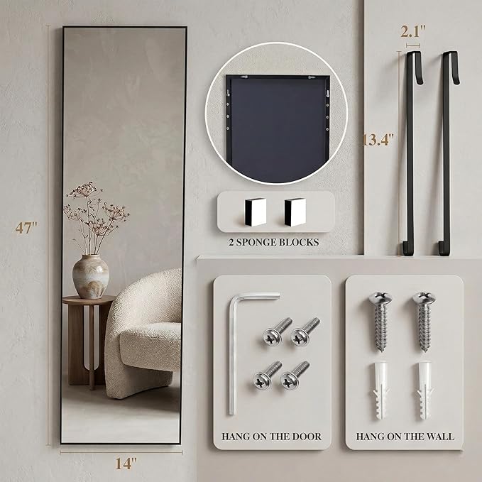 Simple Deluxe 47x14 Full Length Mirror Over The Door, Wall Mounted Full Body Mirror, Minimalist Black Aluminum Frame, HD Tempered Glass, for Bedroom, Living Room, Entryway, Black Rectangle