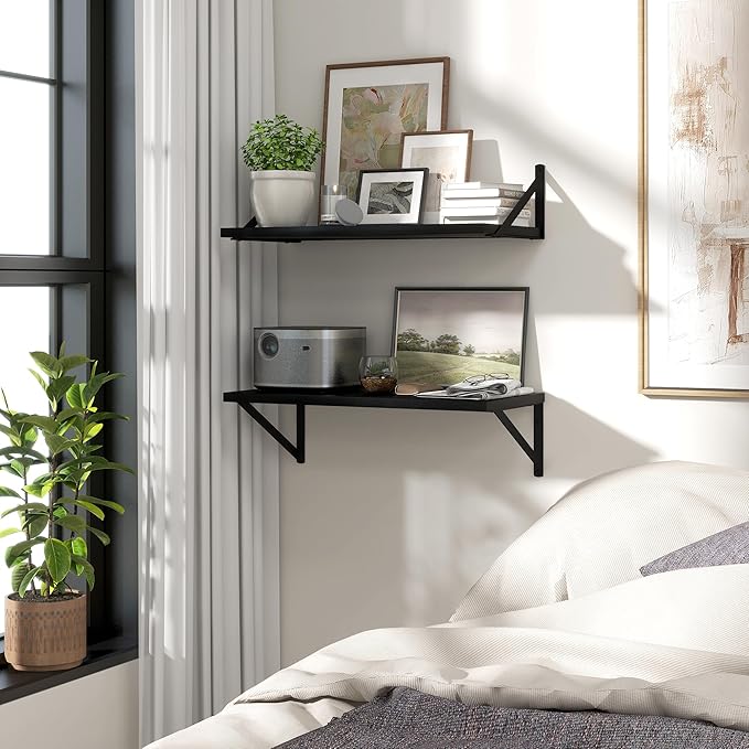 Marsmiles 12 Inch Deep Floating Shelves | 24 Inch Black Wall Shelves Set of 2 | Rustic Wood Wood Floating Shelves for Living Room Bedroom Bathroom