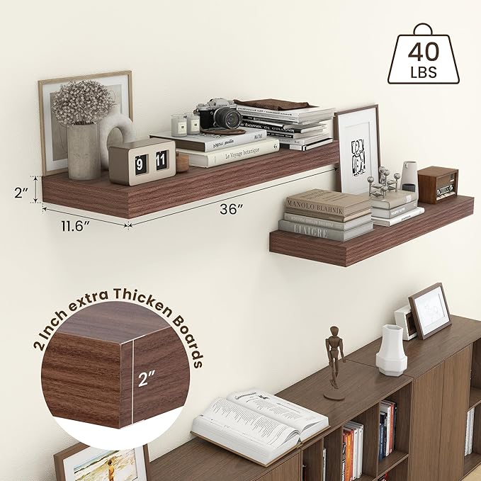 FLYJOE Deep Floating Shelves | 36 Inch Walnut Floating Shelves Set of 2 | 12 Inch Deep Rustic Wood Shelves for Wall | 36" W x 12" D Walnut Shelves for Living Room Bathroom Laundry Room Kitchen