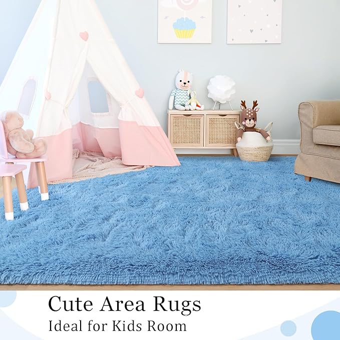 BENRON Light Blue Fluffy Rugs for Living Room Bedroom 4x6, Soft Plush Fuzzy Shaggy Rugs for Kids Girls Boys Room Decor, Washable Indoor Floor Carpets