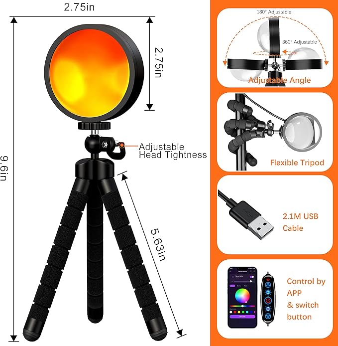 Sunset Lamp, Sun Light Projector for Aesthetic Room Decor,RGB Color Changing Night Light Mood Lighting for Bedroom,Gifts for Girl Kid Adults, 360°Rotation LED Light for Party TikTok Live Photography
