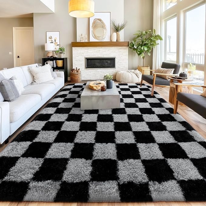 Checkered Rugs for Living Room 6x9, Ultra Soft Fluffy Rug for Bedroom, Modern Shaggy Carpets Fuzzy Rug for Girls Boys Room Home Indoor Nursery Teens Dorm Decor, Upgrade Non-Slip Durable, Dark Grey