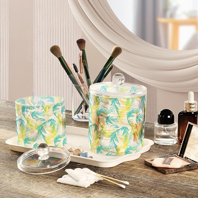 Hand-drawn Design Phoenix Neon Yellow Blue Clear Plastic Makeup Organizer Storage with lid Dresser Essentials Decorative storage bins for Cotton Swabs,Cotton Pads,Floss Picks,Paper