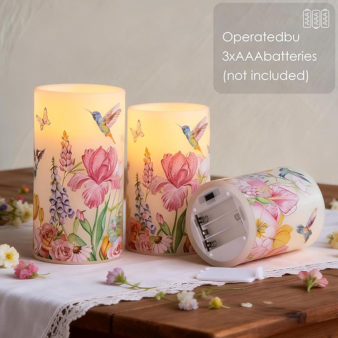 LUSHARBOR Flameless Candles with Remote, Battery Operated Candles Real Wax Hummingbird Flickering LED Candles Floral Christmas Decor Electric Pillar Candles Set of 3