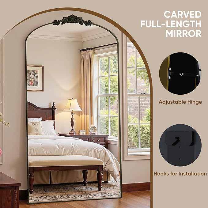 Antok Arched Full Length Mirror, 90"x46" Floor Mirror with Carved, Full Body Mirrors for HomeDecor, Standing/Halling Large Wall Mirror for Bedroom, Living Room, Cloakroom, Bronze, Retro Style