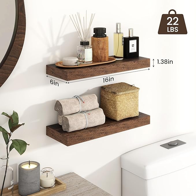 Heimlove 16 inch Brown Floating Shelves for Wall,6.7 inch Deep Small Bathroom Over Toilet Shelf,Wall Mounted Wood Shelves for Bedroom,Living Room,Kitchen,Office,Set of 2