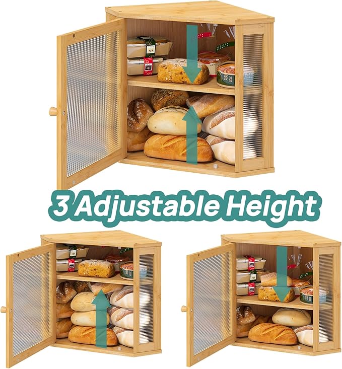 viewcare Corner Bread Box for Kitchen Counter, Bamboo Wood Large Capacity Bread Storage Bin with Acrylic Wavy Door Panel (Natural, Meduim)