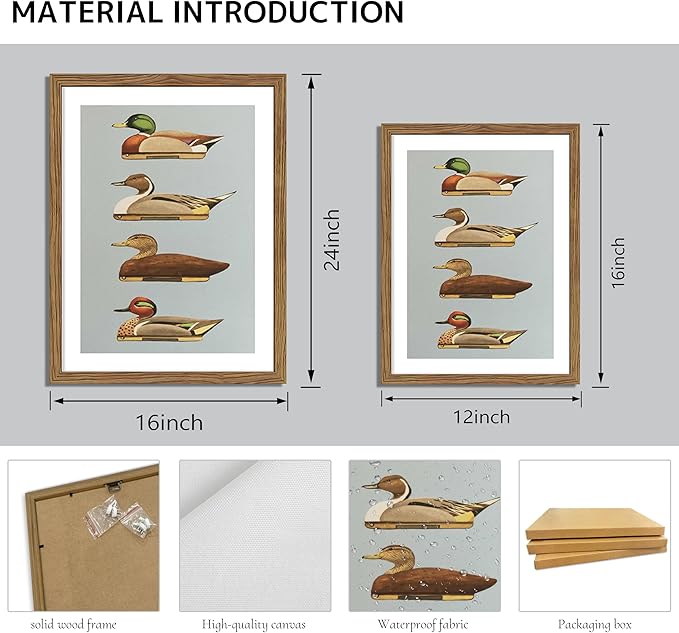 Vintage Framed Duck Wall Art, Rustic Farmhouse Hunting Canvas Wall Decor Painting, Retro Nature Mallard Duck Wildlife Prints Pictures for Bedroom Living Room 16x24 Inch Wood Frame