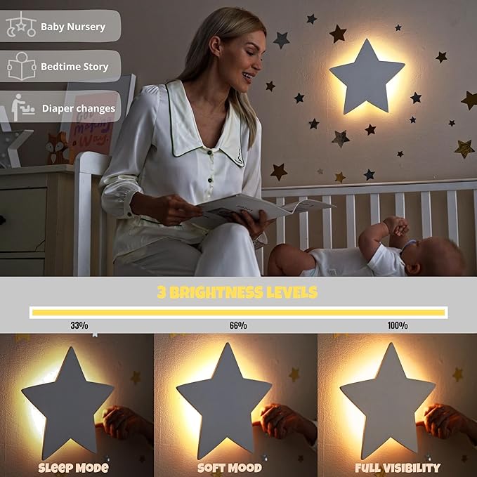 KALEOLI Star Wall Night Light with 106 Moon and Stars Wall Decals Set for Nursery – Rechargeable & Dimmable Crib and Toddlers Night Light - 90 Min Timer for Bedtime Routine