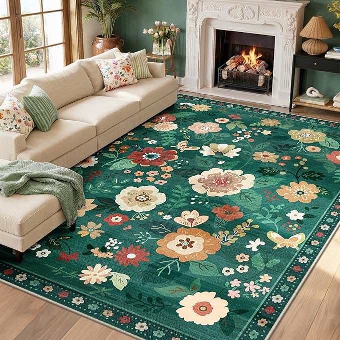 RELEANY Floral Nursery 8x10 Area Rugs Washable Print Boho Cute Carpet Non Slip Flower Low Pile for Living Room Kids Girls Playroom Bedroom Kitchen Office Farmhouse-Dark Green