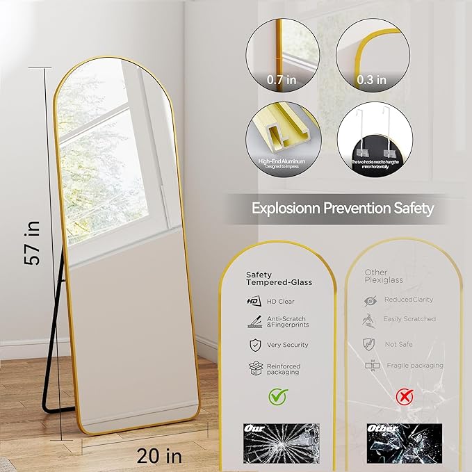SCWF-GZ 57x20 Door Hanging Full Length Mirror, Floor (Height 5.7ft just Body in1.3ft) Wall Mounted Metal Frame Arch Dressing Mirrors for Bedroom Bathroom Living Room 57 inch Gold