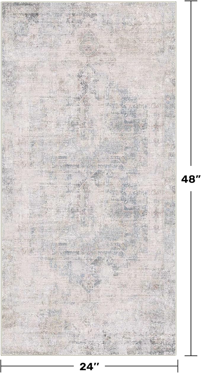 Light Blue 2x4 Runner Rug for Bathroom, Entryway Indoor, Kitchen Floor Waterproof, Powder Room, Washable Non Slip Low Pile Stain & Fade Resistant, Modern Eclectic Dusty Blue Décor