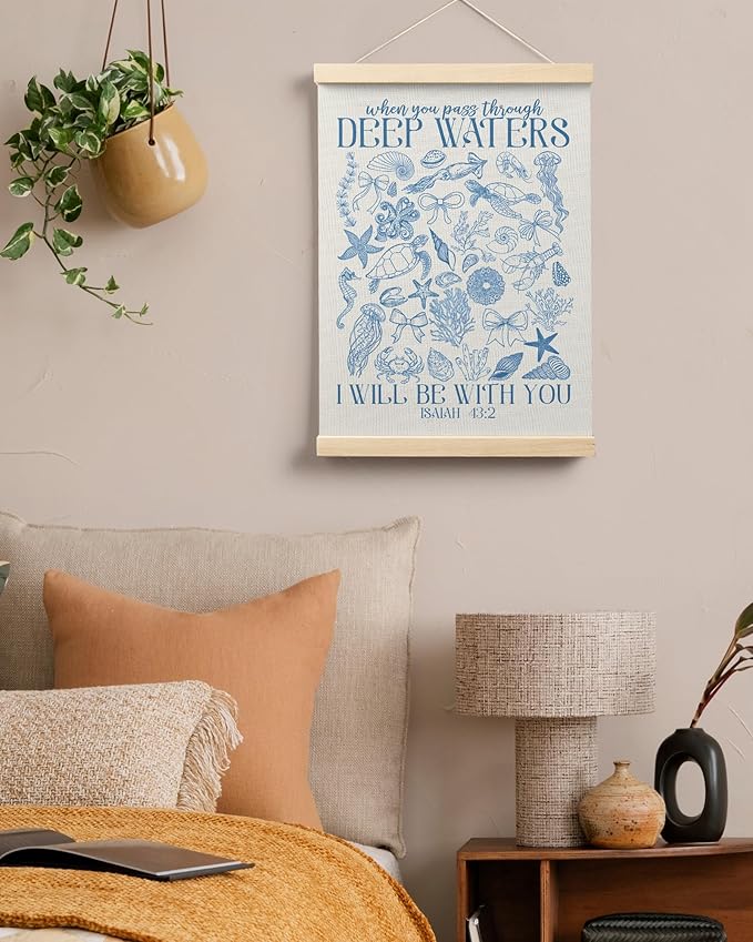 FGFK Retro Blue Christian Ocean Wall Art Poster Hanger Frame, Coastal Beach Isaiah 43:2 Bible Verse Religious Canvas Prints Framed Wall Decor for Home Office, 12x16 Inch
