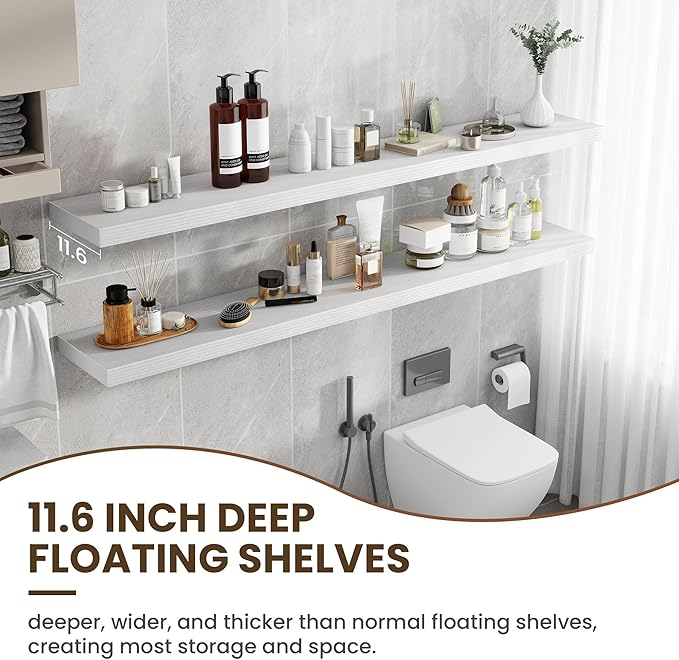 Acovy 72 inch Floating Shelves for Wall, 12 Inch Deep Floating Shelf, Hanging Shelf with Invisible Brackets, Rustic Wooden Wall Shelves for Bathroom, Bedroom, Living Room,Farmhouse Set of 1,White