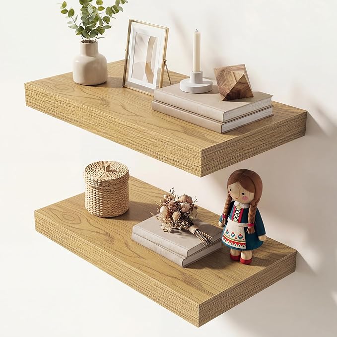 Dreamland 16 Inches Floating Shelves for Wall, 9.3" Deep Long Floating Shelves Set of 2, Large Display & Storage Shelf, Wall Shelf for Bathroom Bedroom Living Room Kitchen Office, Oak