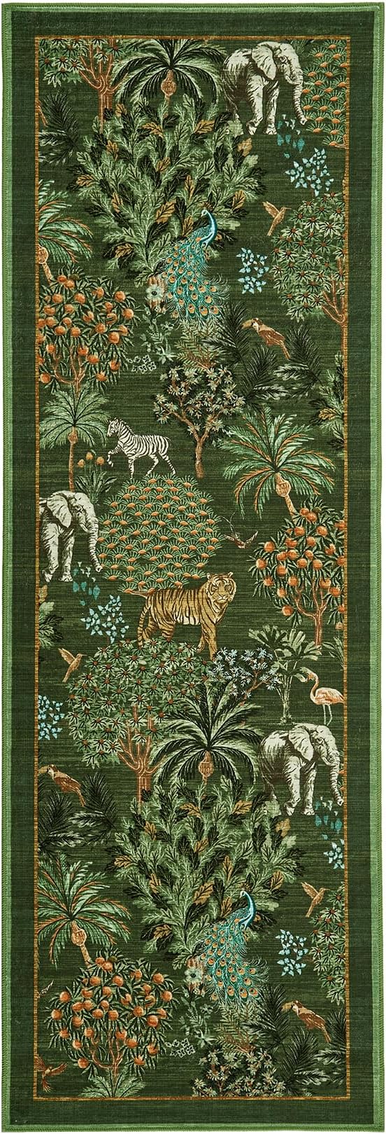 GarveeHome Jungle Rug 2x6 Kitchen Runner Rug Non Slip Washable Runners for Hallways, Animal Print Runner Rugs with Rubber Backing Low-Pile Forest Long Carpet for Bedroom Entryway Laundry, Dark Green