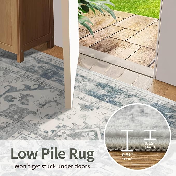 Rugxara 2'6" x 8' Hallway Runner Rug, Non Slip Boho Runner Rugs for Hallway, Kitchen, Entrance, Bathroom, Laundry Room, Soft Ultra-Thin Entryway Carpet, Throw Low Pile Retro Carpet, Blue/Grey