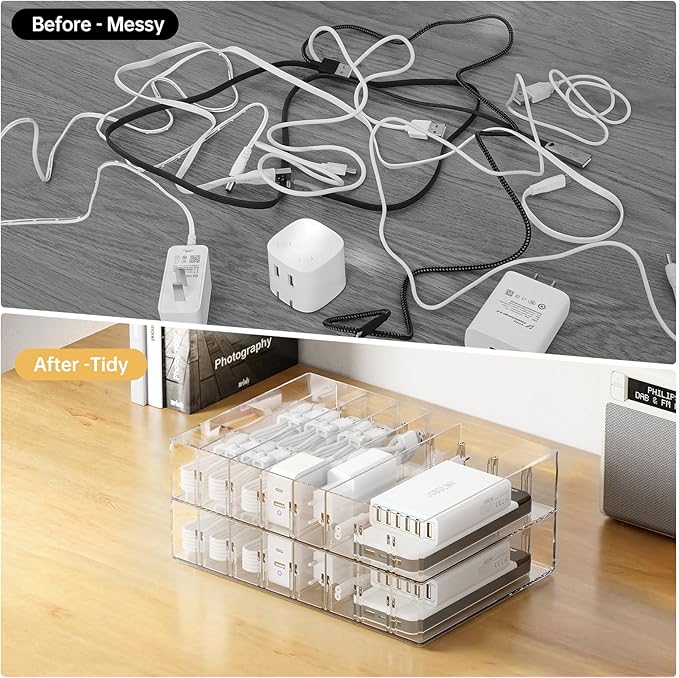 FRETONBA 2Pcs Cable Charger Organizer Box, Large Cords Storage Organizer with Adjustable Compartments and Wire Ties, Stackable Cord Organizer for Drawer - Clear