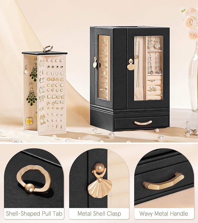 Enthralite Jewelry Box Large for Dresser: Women Necklace Ring Storage Organizer with Compartments - Elegant Earring Holder Display - 360° Rotating Jewelry Organizer with Glass Door