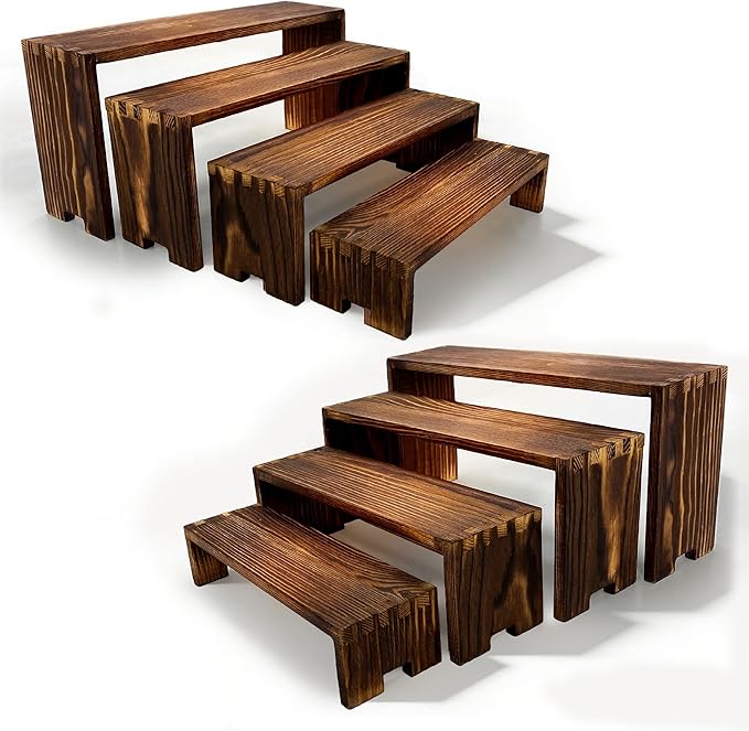 Yikaroeli Large Wooden Display Risers Higher Wood Stands Cupcake Stand 2 Pack 4 Tier Racks,Display Shelf Cologne Perfume Organizer Dessert for Vendor Events (Large/2Pack Brown)