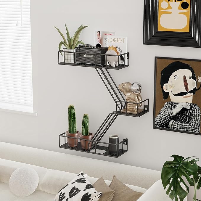 Fire Escape Shelf - 3 Tier Metal Black Fire Escape Wall Shelves with Baskets, New York Action Figurine Display Shelf, Unique Rustic Floating Decorative Wall Shelves for Any Room