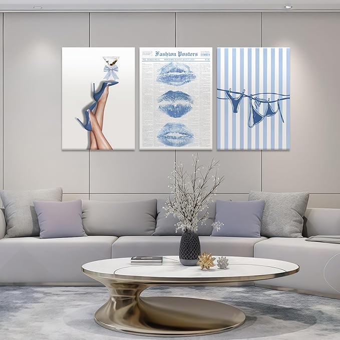 3Pcs Trendy Coquette Wall Art Blue Lips Bikini & Bow Heels Wall Decor Pictures Vintage Martini Newspapaer Canvas Posters Prints for Y2K Girly Room Dorm Apartment Preppy Aesthetic Decor 12x16in