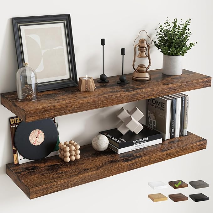 40 Inch Floating Shelves for Wall with Invisible Brackets Set of 2, 9"D Engineered Wood Wall Shelves with Wood Grain for Living Room, Bedroom, Bathroom, Kitchen Decor and Storage, Rustic Brown