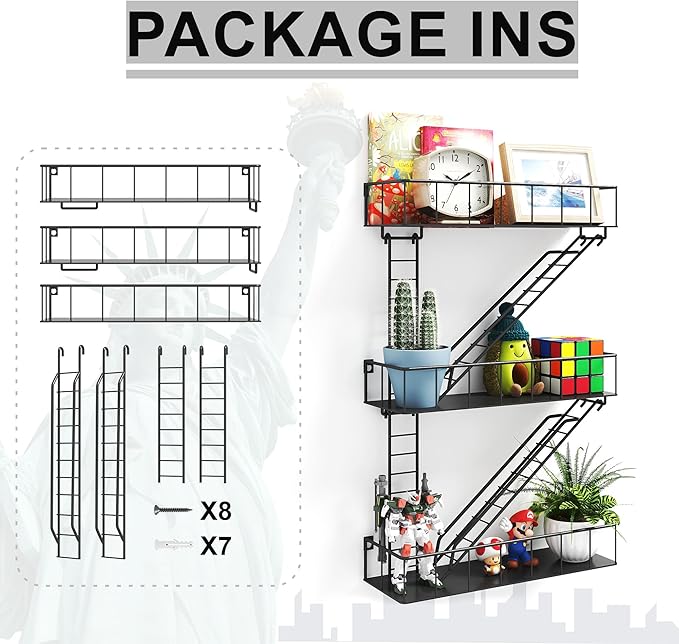 Black Metal Fire Escape Wall Shelf, Unique Decorative Shelves for Wall, New York Shelf Ladder Storage, Funky Knick Knack Shelf Organizer, Industrial Wall Shelves for Bathroom,Living Room