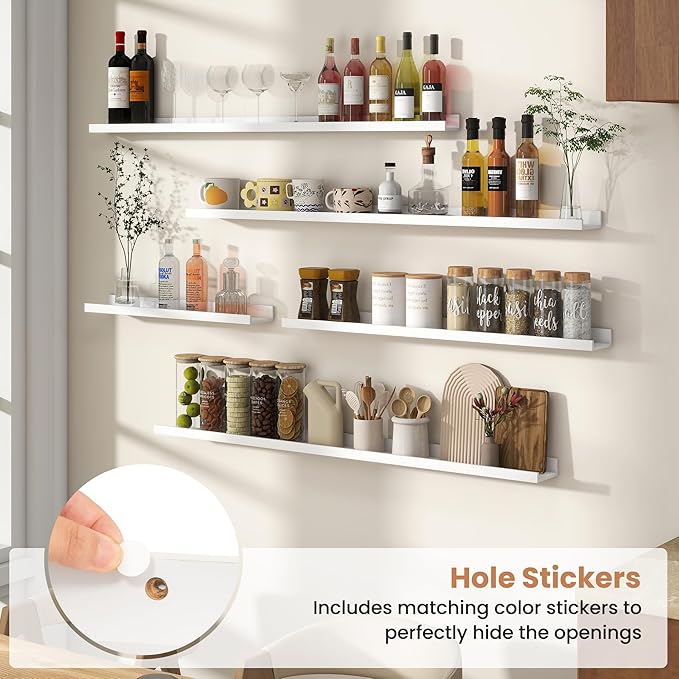Fun Memories Picture Ledge Shelves Set of 4, 24 Inch Rustic Wall Mounted Floating Shelves with Lip for Home Storage and Décor in Bathroom, Kitchen, Nursery, Bedroom, Living Room, White