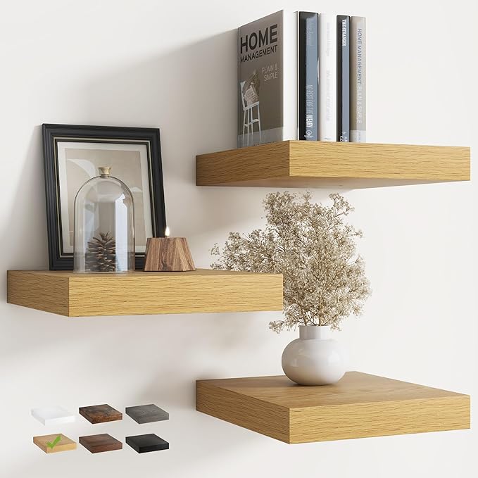 12 Inch Floating Shelves for Wall with Invisible Brackets Set of 3, 12"D Engineered Wood Wall Shelves with Wood Grain for Living Room, Bedroom, Bathroom, Kitchen Decor and Storage, Oak Finish